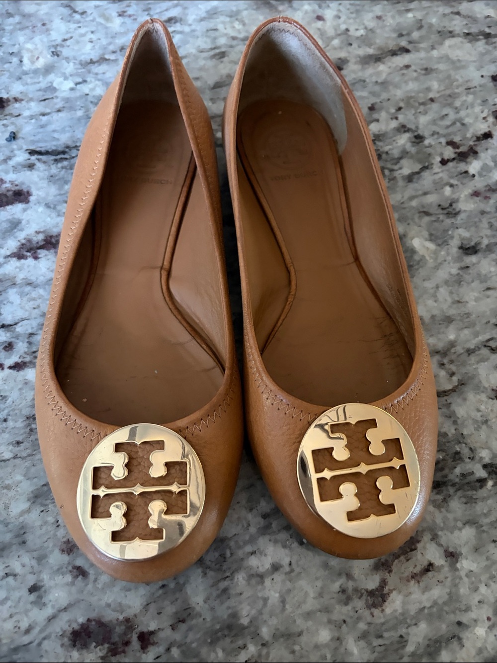 Tory Burch Cognac Leather Ballet Flats with Gold Logo